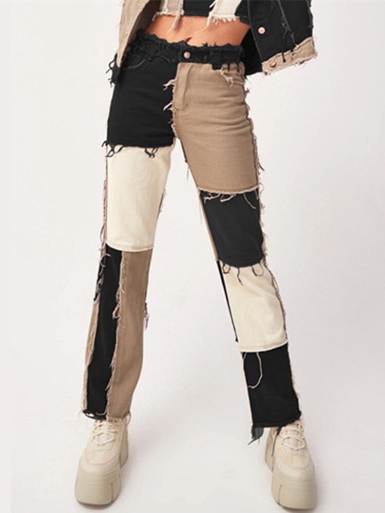 New Woman Patchwork Jeans Fashion High Waist Hip Hop Straight Jeans Ladies Trousers 2021 Female Street Costumes