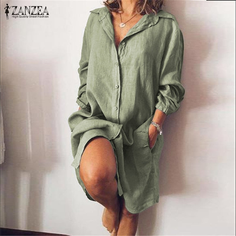 2022 ZANZEA Women's Blouse Casual Shirt Vestidos Fashion Button Long Sleeve Shirts Female Lapel Work Blusa Tunic S-