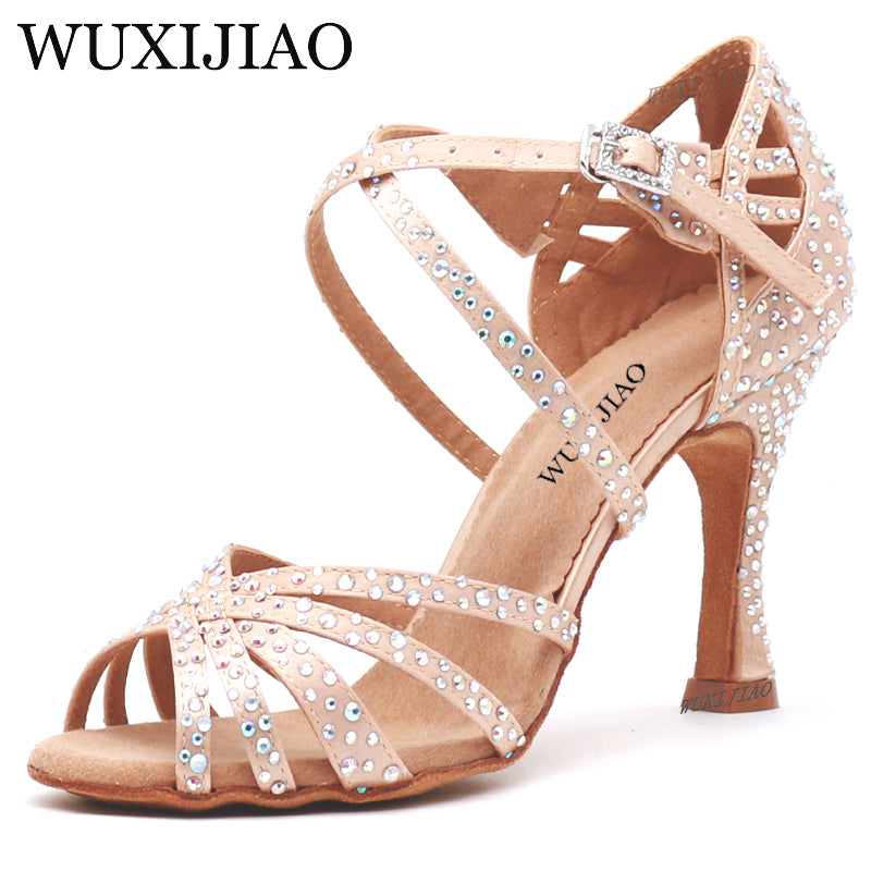WUXIJIAO Women Party Dance Shoes Satin Shining rhinestones Soft Bottom Latin Dance Shoes Woman Salsa Dance Shoes heel5CM-10CM