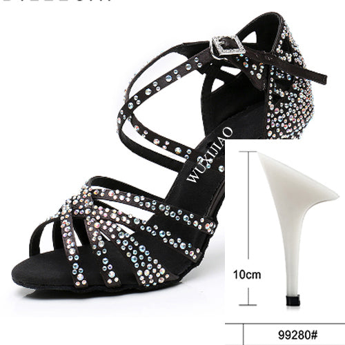 WUXIJIAO Women Party Dance Shoes Satin Shining rhinestones Soft Bottom Latin Dance Shoes Woman Salsa Dance Shoes heel5CM-10CM