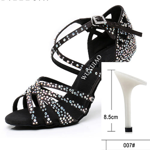 WUXIJIAO Women Party Dance Shoes Satin Shining rhinestones Soft Bottom Latin Dance Shoes Woman Salsa Dance Shoes heel5CM-10CM