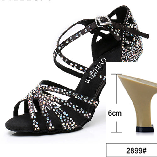 WUXIJIAO Women Party Dance Shoes Satin Shining rhinestones Soft Bottom Latin Dance Shoes Woman Salsa Dance Shoes heel5CM-10CM