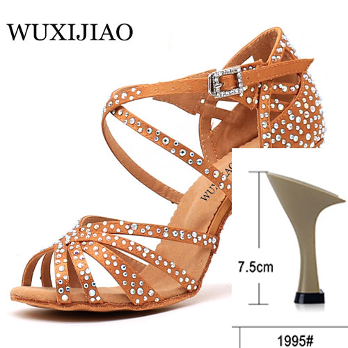 WUXIJIAO Women Party Dance Shoes Satin Shining rhinestones Soft Bottom Latin Dance Shoes Woman Salsa Dance Shoes heel5CM-10CM