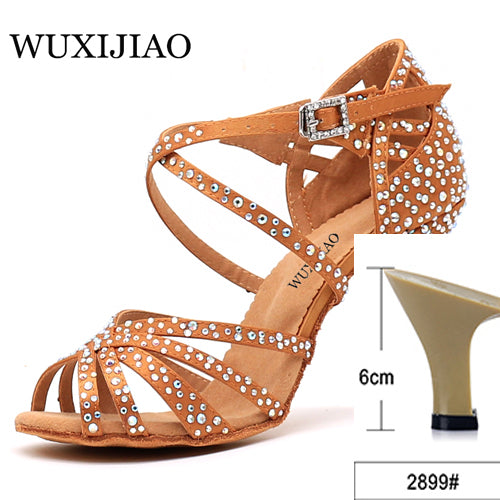 WUXIJIAO Women Party Dance Shoes Satin Shining rhinestones Soft Bottom Latin Dance Shoes Woman Salsa Dance Shoes heel5CM-10CM