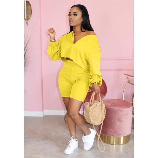 Plus Size Two Piece Set Women Tracksuit V-neck Long Sleeve Top Biker Shorts Sweat Suit 2 Piece Outfits Matching Sets Loungewear