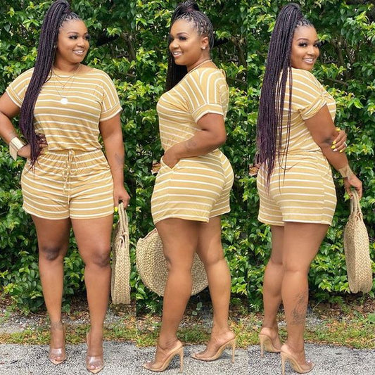 HAOYUAN Striped Plus Size Two Piece Set Women Tracksuits Summer Outfits Top Biker Shorts Sweat Suits Lounge wear Matching Sets