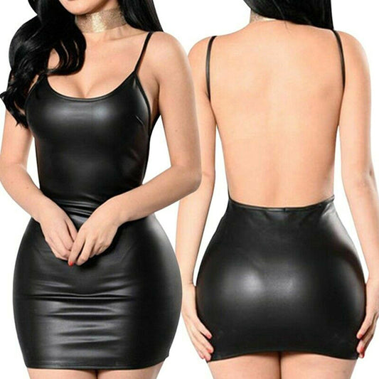 New Sexy Faux Leather Dress Backless Club Party Short Dress Solid Black Wet Look Latex Bodycon Push Up Bra Mini Micro Dress