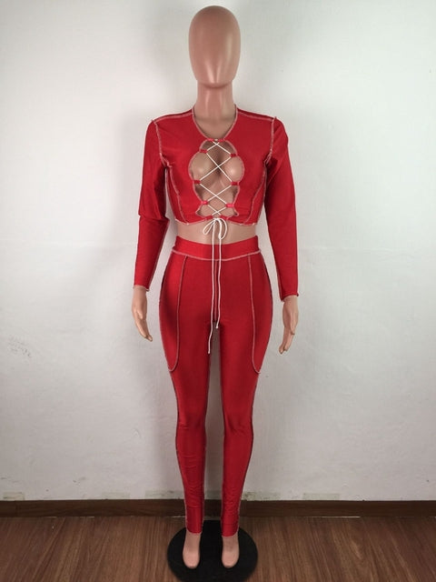 HAOYUAN Sexy Two Piece Set Criss-cross Lace Up Crop Top Pant Sweat Suits Party Club Birthday Outfits for Women Bodycon Tracksuit