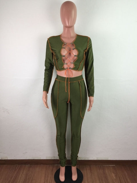 HAOYUAN Sexy Two Piece Set Criss-cross Lace Up Crop Top Pant Sweat Suits Party Club Birthday Outfits for Women Bodycon Tracksuit