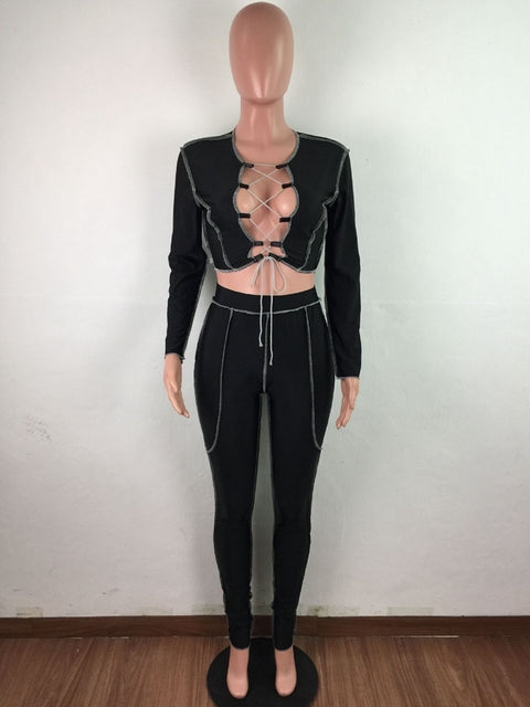 HAOYUAN Sexy Two Piece Set Criss-cross Lace Up Crop Top Pant Sweat Suits Party Club Birthday Outfits for Women Bodycon Tracksuit