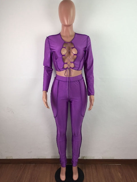 HAOYUAN Sexy Two Piece Set Criss-cross Lace Up Crop Top Pant Sweat Suits Party Club Birthday Outfits for Women Bodycon Tracksuit