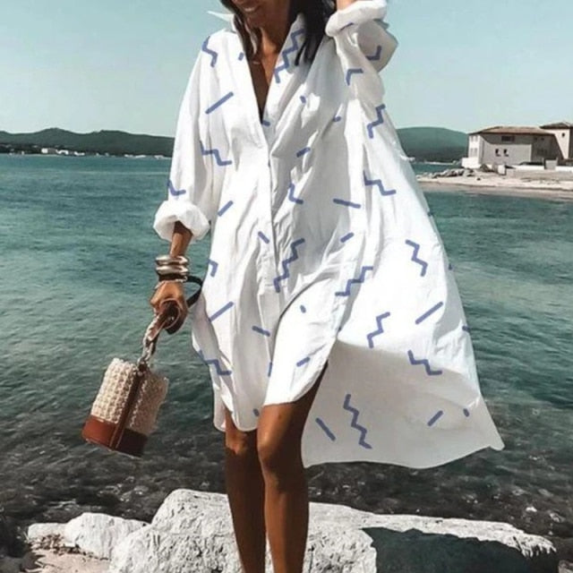 2021 Summer Women Dresses Turn-down Collar Print Casual Long Sleeve Shirt Dress Plus Size Loose Beach Party Vestidos Robe Blouse