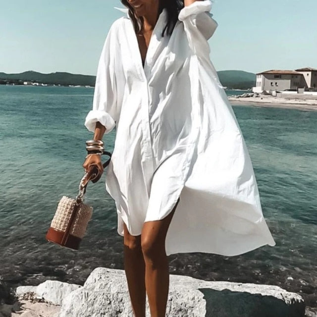 2021 Summer Women Dresses Turn-down Collar Print Casual Long Sleeve Shirt Dress Plus Size Loose Beach Party Vestidos Robe Blouse