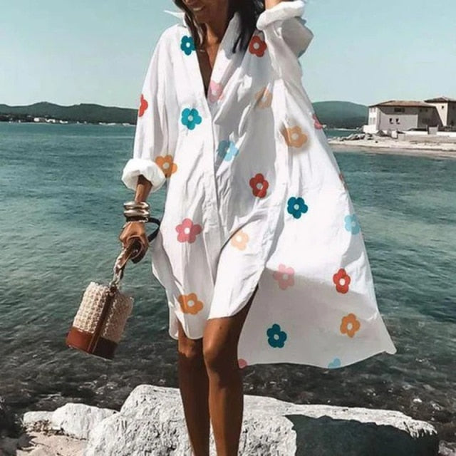 2021 Summer Women Dresses Turn-down Collar Print Casual Long Sleeve Shirt Dress Plus Size Loose Beach Party Vestidos Robe Blouse
