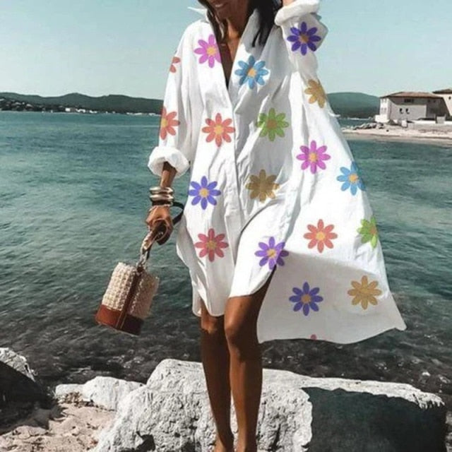 2021 Summer Women Dresses Turn-down Collar Print Casual Long Sleeve Shirt Dress Plus Size Loose Beach Party Vestidos Robe Blouse