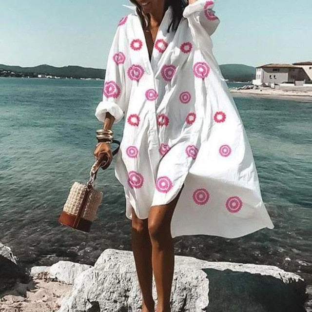 2021 Summer Women Dresses Turn-down Collar Print Casual Long Sleeve Shirt Dress Plus Size Loose Beach Party Vestidos Robe Blouse