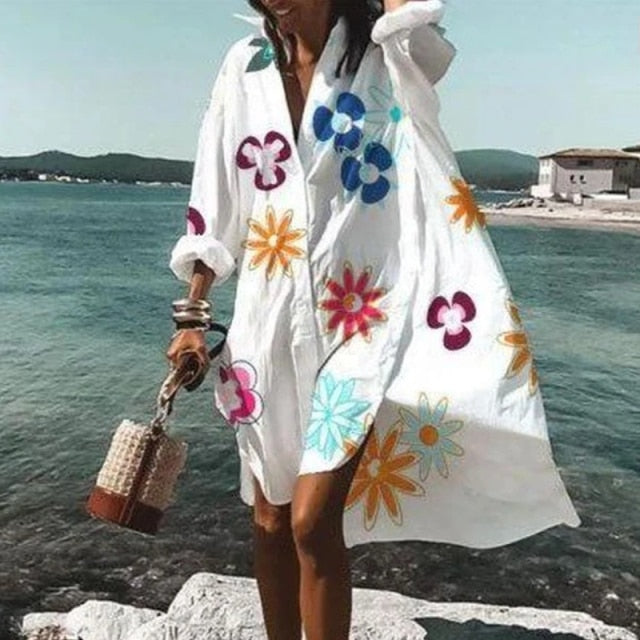2021 Summer Women Dresses Turn-down Collar Print Casual Long Sleeve Shirt Dress Plus Size Loose Beach Party Vestidos Robe Blouse