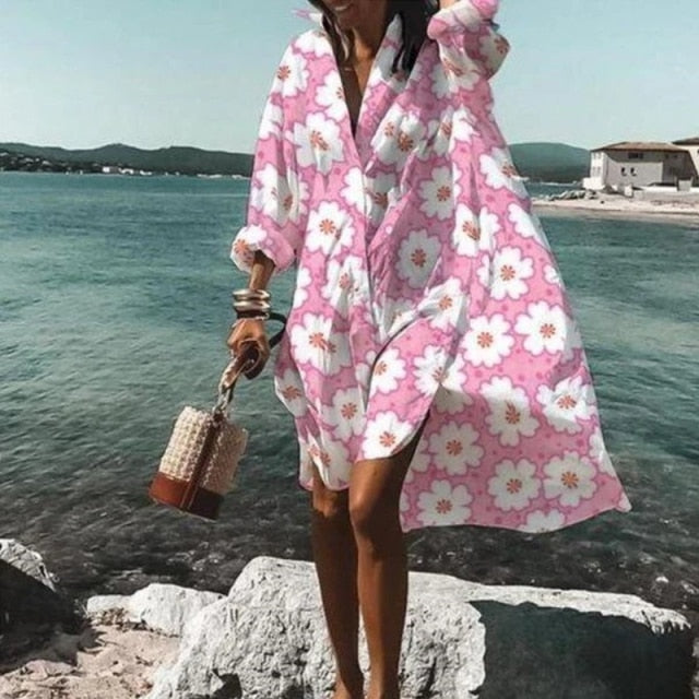 2021 Summer Women Dresses Turn-down Collar Print Casual Long Sleeve Shirt Dress Plus Size Loose Beach Party Vestidos Robe Blouse