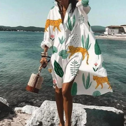2021 Summer Women Dresses Turn-down Collar Print Casual Long Sleeve Shirt Dress Plus Size Loose Beach Party Vestidos Robe Blouse