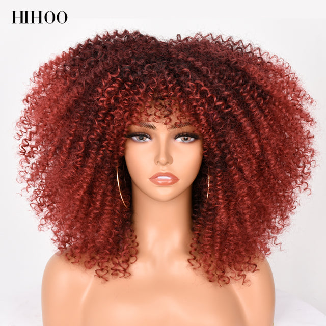16''Short Hair Afro Kinky Curly Wig With Bangs For Black Women Cosplay Lolita Synthetic Natural Glueless Brown Mixed Blonde Wigs