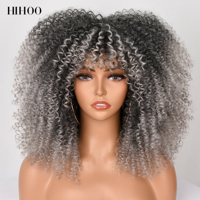 16''Short Hair Afro Kinky Curly Wig With Bangs For Black Women Cosplay Lolita Synthetic Natural Glueless Brown Mixed Blonde Wigs