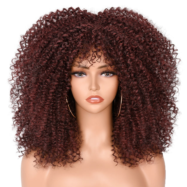16''Short Hair Afro Kinky Curly Wig With Bangs For Black Women Cosplay Lolita Synthetic Natural Glueless Brown Mixed Blonde Wigs