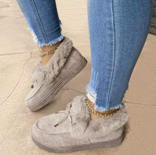 2021 New Women Winter Cotton Shoes Ladies Bowknot Plush Warm Snow Boots Casual Solid Color Flat Short Boots Furry Zapatos Mujer