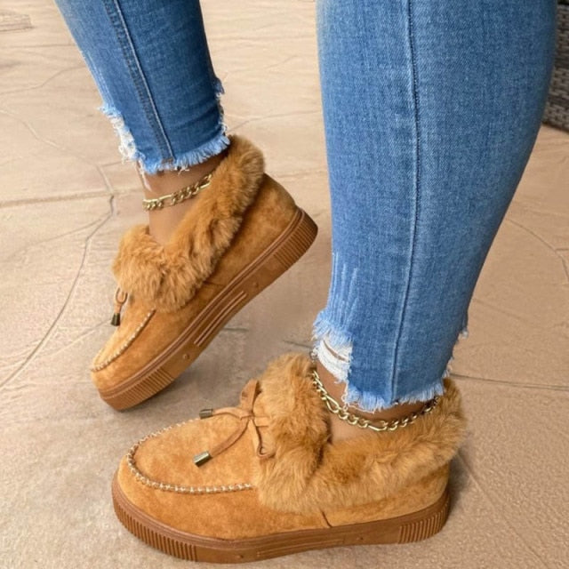 2021 New Women Winter Cotton Shoes Ladies Bowknot Plush Warm Snow Boots Casual Solid Color Flat Short Boots Furry Zapatos Mujer