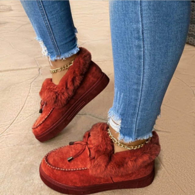 2021 New Women Winter Cotton Shoes Ladies Bowknot Plush Warm Snow Boots Casual Solid Color Flat Short Boots Furry Zapatos Mujer