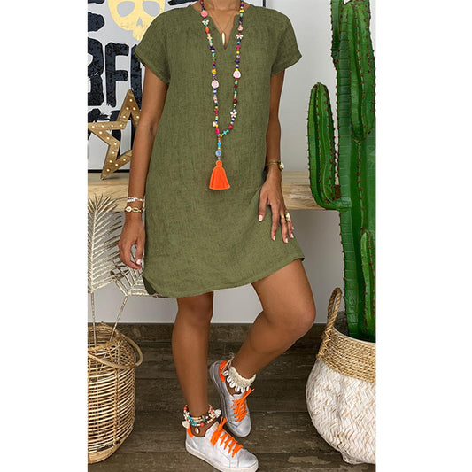 Women Short Sleeve Dress Casual Loose V Neck Cotton Linen Mini Dress 2021 Summer Beach Sundress Ladies Streetwear Plus Size 5XL
