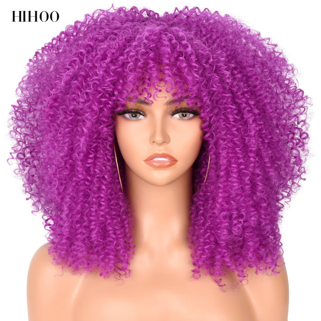 16''Short Hair Afro Kinky Curly Wig With Bangs For Black Women Cosplay Lolita Synthetic Natural Glueless Brown Mixed Blonde Wigs