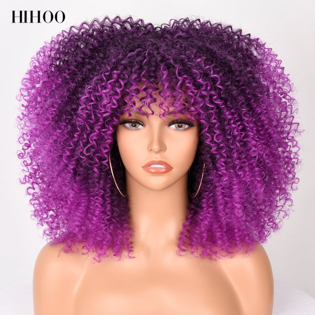16''Short Hair Afro Kinky Curly Wig With Bangs For Black Women Cosplay Lolita Synthetic Natural Glueless Brown Mixed Blonde Wigs