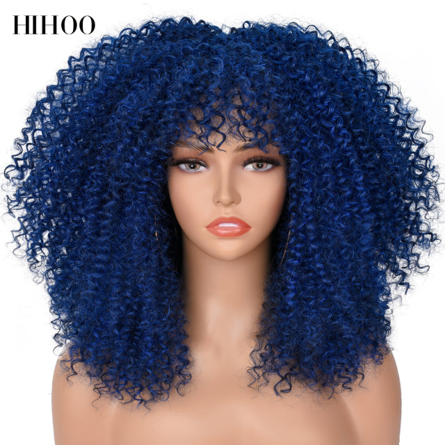 16''Short Hair Afro Kinky Curly Wig With Bangs For Black Women Cosplay Lolita Synthetic Natural Glueless Brown Mixed Blonde Wigs