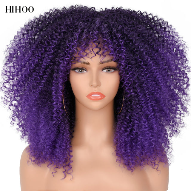 16''Short Hair Afro Kinky Curly Wig With Bangs For Black Women Cosplay Lolita Synthetic Natural Glueless Brown Mixed Blonde Wigs
