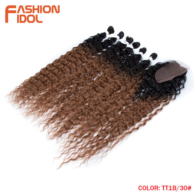 Synthetic Fake Hair Extensions Afro Kinky Curly Hair Bundles With Closure Ombre Golden 30 inch Soft Super Long Wave Hair Weave