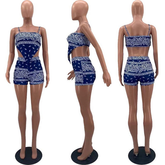 ZOOEFFBB Sexy bandana 2 Piece Set Vacation Outfits strap top and Biker Shorts Sweat Suit Matching Sets for Women Summer Clothes