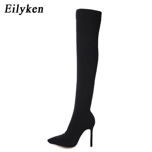 Eilyken 2022 Fashion Stretch Fabric Sock Boots Pointy Toe Over-the-Knee Heel Thigh High Pointed Toe Woman Boot size 35-42
