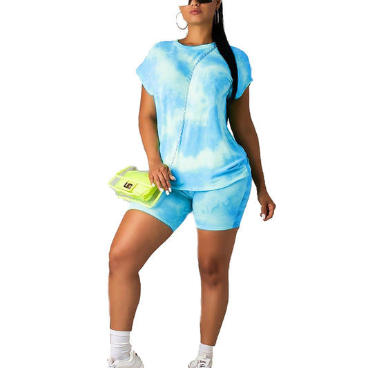 Trendy summer Tie Dye Tracksuit Women clothes 2 Piece Outfits Festival Clothing Short Sleeve Top and Biker Shorts Sweat Suits