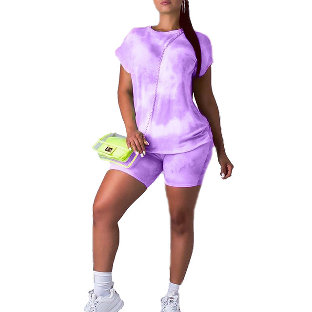 Trendy summer Tie Dye Tracksuit Women clothes 2 Piece Outfits Festival Clothing Short Sleeve Top and Biker Shorts Sweat Suits