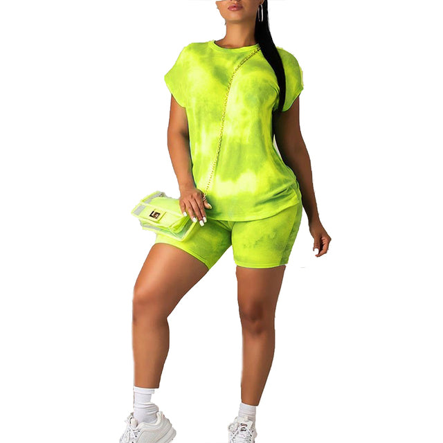 Trendy summer Tie Dye Tracksuit Women clothes 2 Piece Outfits Festival Clothing Short Sleeve Top and Biker Shorts Sweat Suits