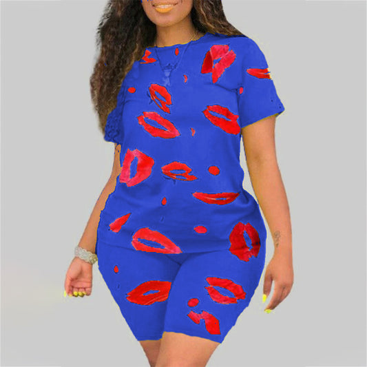 Plus Size 5XL Two Piece Set for Women 2021 Summer Tracksuit Lips Short Sleeve Shorts Sweat Suit 2 Piece Outfits Matching Sets