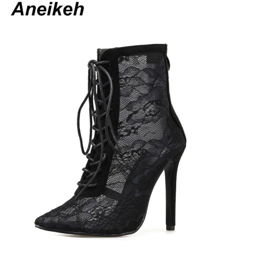 Aneikeh 2022 Fashion Basic Sandals Boots Women High Heels Pumps Sexy Hollow Out Mesh Lace-Up Cross-tied Boots Party Shoes Party