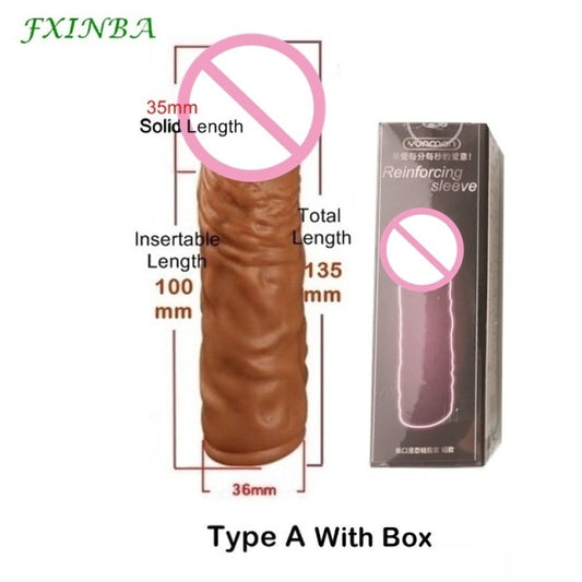 FXINBA Realistic Silicone Penis Extender Sleeve Delay Ejaculation Reusable Condoms Sex Toys For Men Cock Sleeve (Privacy Box)
