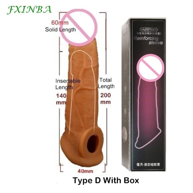 FXINBA Realistic Silicone Penis Extender Sleeve Delay Ejaculation Reusable Condoms Sex Toys For Men Cock Sleeve (Privacy Box)
