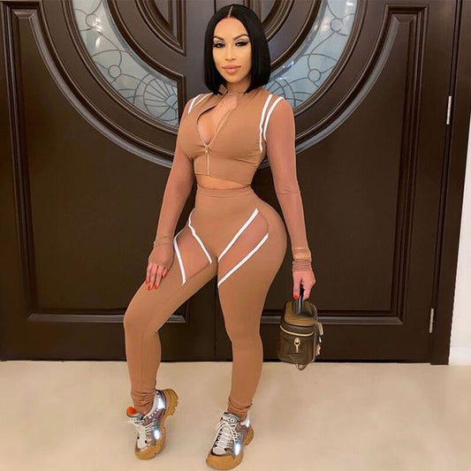 ANJAMANOR Sexy Long Sleeve Two Piece Tracksuit Set Sports Wear 2 Piece Joggers Set Women Sweat Suits Matching Sets D37-DF33