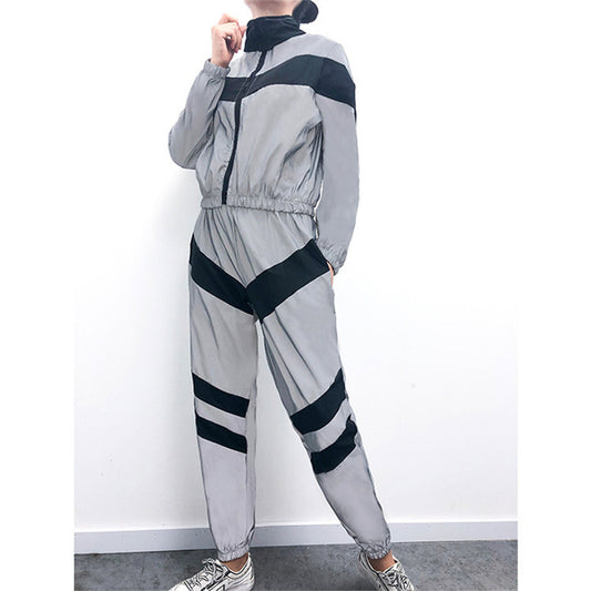 Reflective Two Piece Set Women Tracksuit Spring Clothes Zipper Jacket Crop Top and Pants Sets Casual Sweat Suits Chandal Mujer