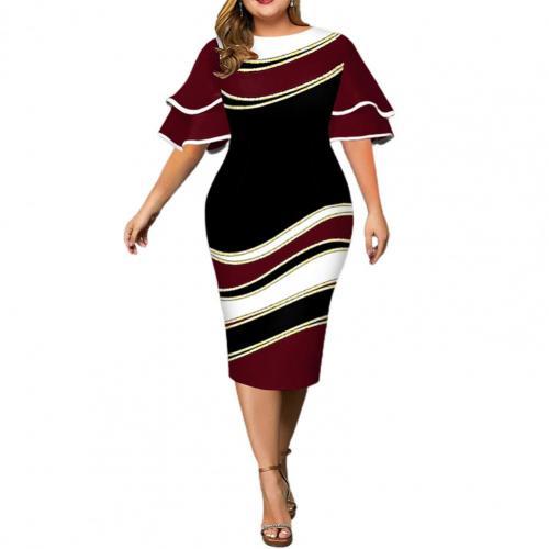 Plus Size Clothes Women Dress Vintage Geometric Print Layered Bell Sleeve Autumn Round Neck Curve Bodycon Midi Dress for Wedding