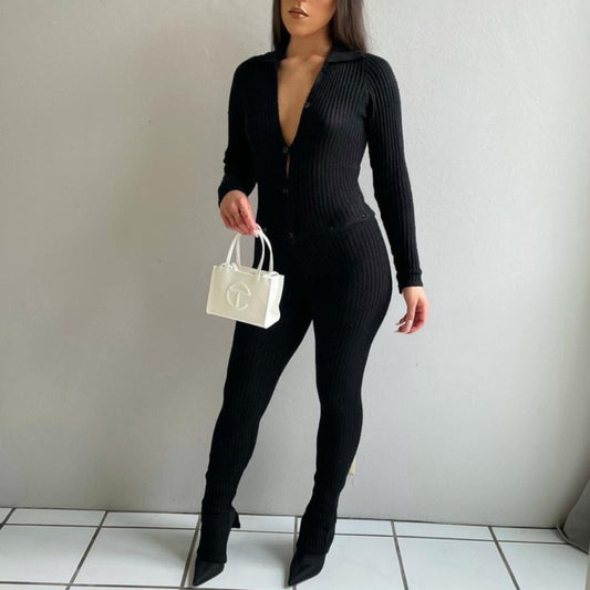 BOOFEENAA Button Ribbed Knitted Jumpsuit Two Piece Set Fall Winter Clothes Sexy White Long Sleeve Bodycon Jumpsuits C88-GE43