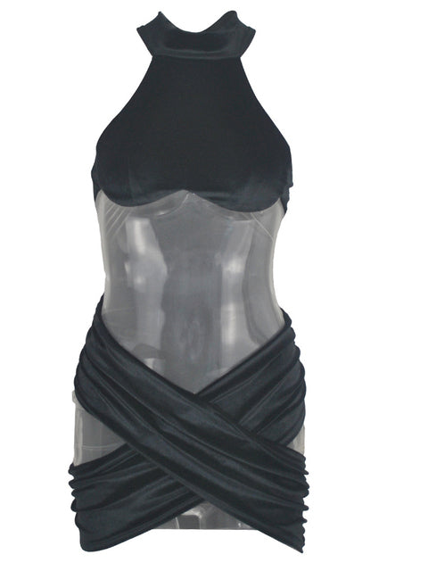 Beyprern New Chic Hollow Out Velvet Mini Dress Summer Sleeveless Sheer Mesh Patchwork Skinny Party Club Wear Rave Outfits