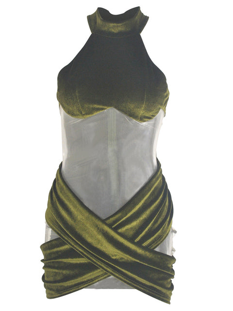 Beyprern New Chic Hollow Out Velvet Mini Dress Summer Sleeveless Sheer Mesh Patchwork Skinny Party Club Wear Rave Outfits